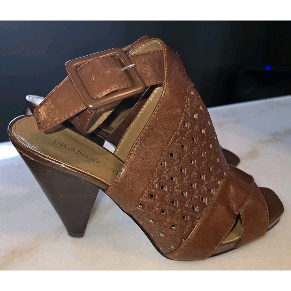 Franco Sarto Leather Slingback Sandal Heels Womens 8.5M Brown Woven Open Toe